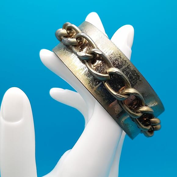 Vintage Distressed Gold Tone Bangle, Chain Attached, 7 7/8" - Picture 2 of 9